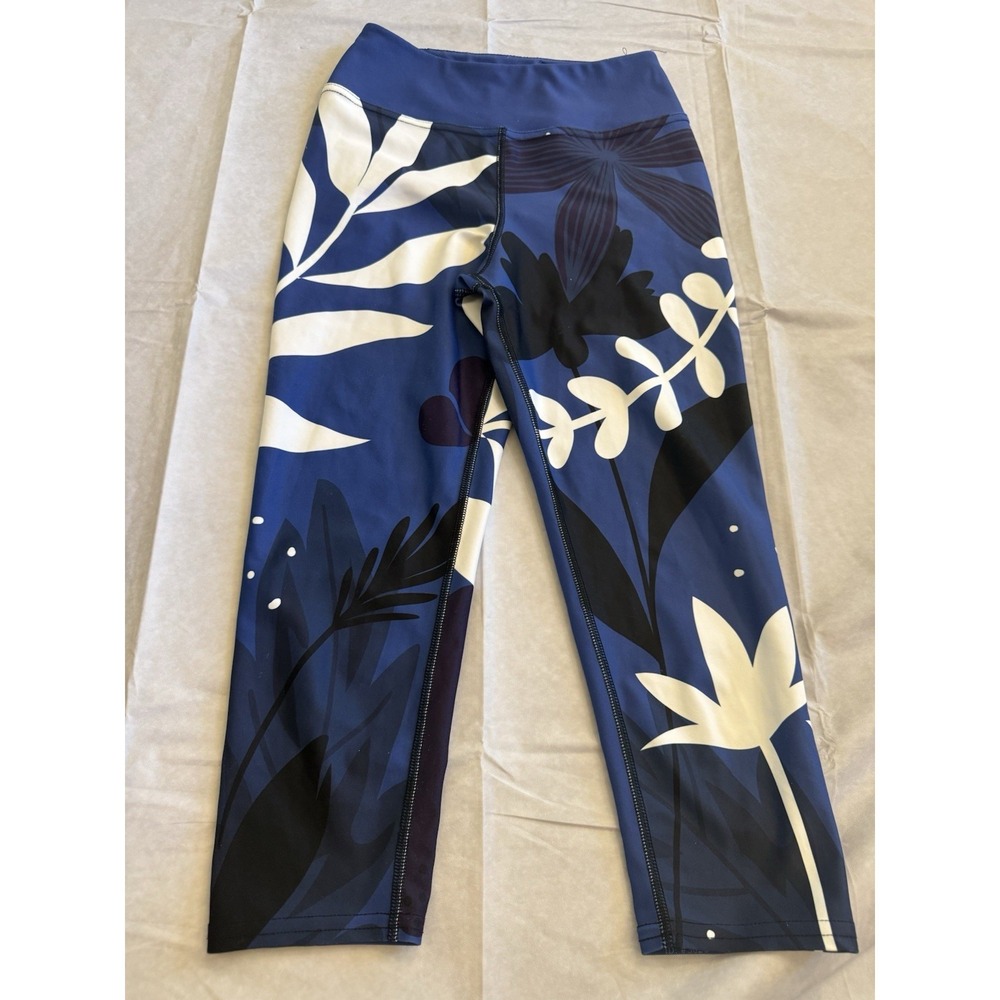 Loony Legs London Yoga Legging s Small Blue White Floral Botanical Cropped Capri